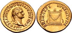 Roman Imperial Domitian, as Caesar, AV Aureus. Rome, AD 80-81. CAESAR DIVI F DOMITIΛNVS COS VII, laureate head to right / PRINCEPS IVVENTVTIS, garlanded and lighted altar, with horns on left and right