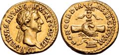 Roman Imperial Nerva AV Aureus. Rome, AD 96. IMP NERVA CAES AVG P M TR P COS II P P, laureate head to right / CONCORDIA EXERCITVVM, clasped hands before aquila resting on prow. RIC I 3; C. 24; BMCRE 7