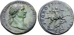 Roman Imperial Trajan Æ Sestertius. Rome, AD 107-110. IMP CAES NERVAE TRAIANO AVG GER DAC P M TR P COS V P P, laureate bust to right, slight drapery on far shoulder / S P Q R OPTIMO PRINCIPI, Trajan o