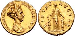 Roman Imperial Matidia (niece of Trajan) AV Aureus. Rome, AD 112-117. MATIDIA AVG DIVAE MARCIANAE • F •, draped bust to right, wearing double stephane, necklace and elaborate coiffure / PIETAS AVGVST 