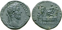 Roman Imperial Commodus Æ Sestertius. Rome, AD 186. M COMMODVS ANT P FELIX AVG BRIT, laureate head to right / P M TR P XI IMP VII COS V P P, Commodus seated to left on platform, officer behind, Libera