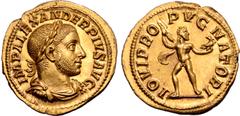 Roman Imperial Severus Alexander AV Aureus. Rome, AD 231-235. IMP ALEXANDER PIVS AVG, laureate, draped and cuirassed bust to right / IOVI PROPVGNATORI, Jupiter standing facing, head to right, nude but