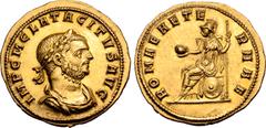 Roman Imperial Tacitus AV Aureus. Siscia, November AD 275 - June 276. IMP C M CLA TACITVS AVG, laureate, draped and cuirassed bust to right / ROMAE AETERNAE, Roma seated to left, holding globe and lon
