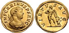 Roman Imperial Carinus AV Aureus. Rome, AD 283-285. IMP CARINVS P F AVG, laureate and cuirassed bust to right / VIRTVS AVG, Hercules standing to right, leaning on club draped with lion skin set on roc