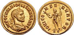 Roman Imperial Diocletian AV Aureus. Cyzicus, AD 286-287. IMP C C VAL DIOCLETIANVS AVG, laureate, draped, and cuirassed bust to right / IOVI CONSERVATOR, Jupiter standing facing, head to left, holding