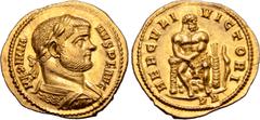 Roman Imperial Maximian AV Aureus. Rome, AD 293-294. MAXIMIANVS P F AVG, laureate and cuirassed bust to right / HERCVLI VICTORI, Hercules seated facing on rock, head to right, lion skin on lap, holdin