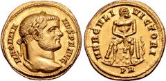 Roman Imperial Maximian AV Aureus. Rome, AD 293-294. MAXIMIANVS AVGVSTVS, laureate head to right / HERCVLI VICTORI, Hercules seated facing on rock, head to right, lion's skin on lap, holding club with