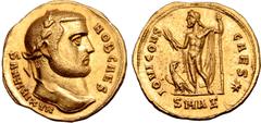 Roman Imperial Galerius, as Caesar, AV Aureus. Antioch, AD 293-295. MAXIMIANVS NOB CAES, laureate head to right / IOVI CONS CAES *, Jupiter, nude but for cloak, standing facing, bearded and laureate h