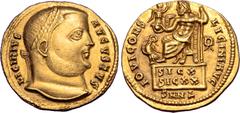 Roman Imperial Licinius I AV Aureus. Nicomedia, AD 317. LICINIVS AVGVSTVS, laureate head to right / IOVI CONS LICINI AVG, laureate and bearded Jupiter, nude to waist, enthroned to left, holding sceptr