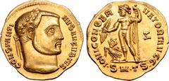 Roman Imperial Constantine I 'the Great' AV Aureus. Thessalonica, circa AD 311-313. CONSTANTINVS AVGVSTVS, laureate head to right / IOVI CONSERVATORI AVGG, Jupiter standing to left, naked but for chla