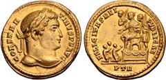 Roman Imperial Constantine I 'the Great' AV Solidus. Treveri, AD 312-313. CONSTANTINVS P F AVG, laureate head to right / FELICITAS REIPVBLICAE, Constantine seated to left on curule chair set on high o