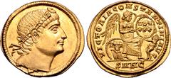 Roman Imperial Constantine I 'the Great' AV Solidus. Nicomedia, AD 335. Rosette-diademed head to right, with uplifted gaze / VICTORIA CONSTANTINI AVG, Victory, wearing long dress, seated to right on c