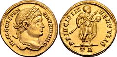 Roman Imperial Constantine II, as Caesar, AV Solidus. Treveri, AD 326-327. FL CL CONSTANTINVS IVN N C, laureate head to right / PRINCIPI IVVENTVTIS, Constantine II standing to right, in military attir