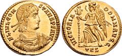 Roman Imperial Constans AV Solidus. Thessalonica, AD 337-340. FL IVL CONSTANS P F AVG, laurel and rosette-diademed, draped and cuirassed bust to right / VICTORIA DD NN AVGG, Victory advancing to left,