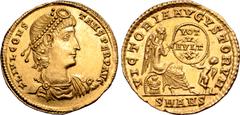 Roman Imperial Constans AV Solidus. Antioch, AD 337-347. FL IVL CONSTANS PERP AVG, pearl-diademed, draped and cuirassed bust to right / VICTORIA AVGVSTORVM, Victory seated to right on cuirass, inscrib