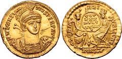 Roman Imperial Constantius II AV Solidus. Arelate, AD 355-360. FL IVL CONSTANTIVS PERP AVG, helmeted and cuirassed bust three-quarters to right, holding spear and shield decorated with horseman and en