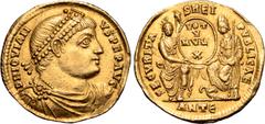 Roman Imperial Jovian AV Solidus. Antioch, 27 June AD 363 - 16 February 364. D N IOVIANVS P F P AVG, pearl-diademed, draped and cuirassed bust to right / SECVRITAS REIPVBLICAE, Roma enthroned facing w