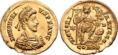 Roman Imperial Honorius AV Solidus. Mediolanum, AD 394-395. D N HONORIVS P F AVG, pearl-diademed, draped and cuirassed bust to right / VICTORIA AVGGG, Emperor standing to right, holding labarum and Vi