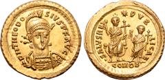 Roman Imperial Theodosius II AV Solidus. Constantinople, January-October AD 425. D N THEODOSIVS P F AVG, helmeted, pearl-diademed and cuirassed bust three-quarters facing, holding spear and shield dec