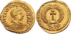 Migration Period Suevi, in Gaul or Gallaecia AV Tremissis. In the name of Valentinian III, AD 425-455. D N PLA VALENTINIANVS P F AVG, diademed, draped and cuirassed bust to right / Long cross potent w