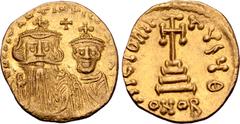 Byzantine Constans II, with Constantine IV, AV Solidus. Constantinople, AD 654-659. ∂ N CONSƮANƮINЧS C CONSƮANƮIN, crowned facing busts of Constans on left, with long beard, and Constantine on right, 