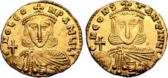 Byzantine Leo III 'the Isaurian', with Constantine V, AV Solidus. Constantinople, circa AD 737-741. ∂(retrograde) N O LЄON PA MЧL', crowned bust of Leo facing, wearing chlamys, holding globus cruciger