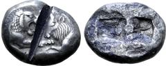 Greek Kingdom of Lydia, Kroisos AR Stater - Double Siglos. Sardes, circa 564/53-550/39 BC. Confronted foreparts of lion right and bull left / Two incuse squares of unequal size. GRPC Lydia S1; Berk 20