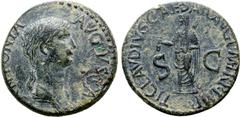 Roman Imperial Antonia (mother of Claudius) Ӕ Dupondius. Rome, AD 41-50. ANTONIA AVGVSTA, draped bust to right / TI CLAVDIVS CAESAR AVG P M TR P IMP, Claudius standing to left, veiled and togate, hold