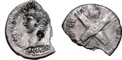 Roman Imperial Nero Claudius Drusus (father of Claudius) AR Denarius Fragment. Rome, AD 41-45. NERO CLAVDIVS DR[VSVS GERMANIC]VS IMP, laureate bust of Nero Claudius Drusus to left, with the features o