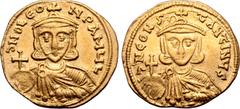 Byzantine Leo III 'the Isaurian', with Constantine V, AV Solidus. Constantinople, AD 731-733. ∂ NO LЄON P A MЧL, crowned bust of Leo facing, wearing chlamys, holding globus cruciger and akakia / ∂ N C