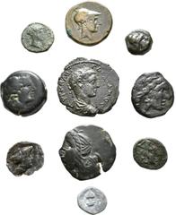 Large Lots Lot of 10 Greek Æ and PB Coins from the William Stancomb Collection, collector's tickets included: Skythia, Olbia Æ 23mm. 3rd - 2nd centuries BC. Wreathed head of Demeter left / ΟΛΒΙΟ, axe 