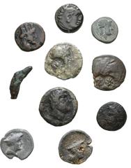 Large Lots Lot of 10 Greek Æ and PB Coins from the William Stancomb Collection, collector's tickets included: Tauric Chersonesos, Chersonesos PB Tessera. Circa 200 BC. Head of Hermes to right, wearing