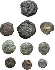 Large Lots Lot of 10 Greek Æ Coins from the William Stancomb Collection, collector's tickets included: Tauric Chersonesos, Chersonesos PB Tessera. Circa 250-200 BC. Bucranium / Dolphin swimming left. 