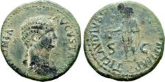 Roman Imperial Antonia (mother of Claudius) Ӕ Dupondius. Rome, AD 41-50. [AN]TONIA AVGVSTA, draped bust to right / TI CLAVDIVS CA[ESAR AVG P M] TR P IMP, Claudius standing to left, veiled and togate, 