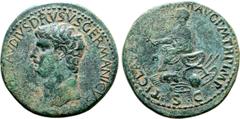 Roman Imperial Nero Claudius Drusus (father of Claudius) Æ Sestertius. Rome, AD 41-50. [NERO] CLAVDIVS DRVSVS GERMANICVS IM[P], bare head to left / TI CLAVDIV[S CAE]SAR AVG P M TR P IMP, Claudius seat