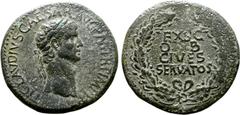 Roman Imperial Claudius Æ Mule Sestertius. Rome, AD 50-54. TI CLAVDIVS CAESAR AVG P M TR P IMP P P, laureate head to right / EX S C OB CIVES SERVATOS inscribed in four lines within oak wreath. RIC I -