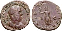 Roman Imperial Balbinus Æ Sestertius. Rome, AD 238. IMP CAES D CAEL BALBINVS AVG, laureate, draped and cuirassed bust to right / P M TR P COS II P P, Emperor standing to left, holding branch and paraz