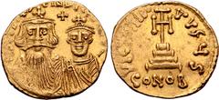 Byzantine Constans II, with Constantine IV, AV Solidus. Constantinople, AD 654-659. ∂ N CONSƮANƮINЧS C C[ONSTANT], crowned facing busts of Constans on left, with long beard, and Constantine on right, 