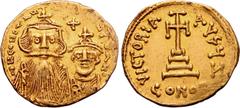 Byzantine Constans II, with Constantine IV, AV Solidus. Constantinople, AD 654-659. ∂ N CONSƮANƮINЧS C C[ONSTANT], crowned facing busts of Constans on left, with long beard, and Constantine on right, 