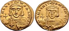 Byzantine Leo III 'the Isaurian', with Constantine V, AV Solidus. Constantinople, AD 724-731. ∂ NO LЄON P A MЧ•, crowned bust of Leo facing, wearing chlamys, holding globus cruciger and akakia / ∂ N C