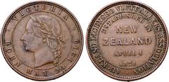 Medieval and World New Zealand, British Colonial. Auckland Licensed Victuallers Association CU Penny Token. Birmingham(?), 1871. • VICTORIA • BORN MAY 24 1819, laureate head to left within pelleted ci