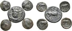 Large Lots Lot of 5 Thessaly, Larissa Æ Coins. 1) Thessaly, Larissa Æ12. Late 4th - early 3rd centuries BC. Head of the nymph Larissa right / ΛΑΡΙΣ-ΑΙΩΝ, horse standing left about to roll. Rogers 296;
