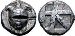 Greek Islands off Attica, Aegina AR Stater. Circa 470-440 BC. Sea turtle, head in profile, with 'T' design in pellets on shell / Large square incuse with skew pattern. Meadows, Aegina, Group IIIa; Mil