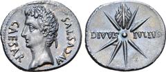 Roman Imperial Augustus AR Denarius. Uncertain Spanish mint (Colonia Caesaraugusta?), 19-18 BC. CAESAR AVGVSTVS, head to left, wearing oak wreath / Eight-rayed comet with tail upwards, DIVVS IVLIVS ac