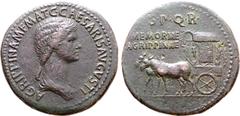 Roman Imperial Agrippina I (mother of Caligula) Æ Sestertius. Rome, circa AD 37-41. AGRIPPINA M F MAT C CAESARIS AVGVSTI, draped bust to right / Carpentum, with ornamented side and cover supported by 