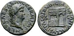 Roman Imperial Nero Ӕ As. Lugdunum(?), AD 65. NERO CAESAR AVG GERM IMP, laureate head to right / PACE P R VBIQ PARTA IANVM CLVSIT, front of the Temple of Janus with window to left and garlanded double