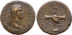 Roman Imperial Nerva Æ Sestertius. Rome, AD 96. IMP NERVA CAES AVG P M TR P COS II DESIGN III P P, laureate head to right / CONCORDIA [EXERCITVVM], clasped hands over legionary eagle resting on prow; 