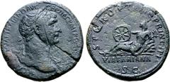Roman Imperial Trajan Æ Sestertius. Rome, AD 112-114. [IM]P C[AES NERV]AE TRAIANO AVG GER DAC P M TR [P COS VI P P], laureate bust to right, drapery on far shoulder / S P Q R O[P]TIMO PRINCIPI, via Tr
