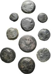 Large Lots Lot of 10 Seleukid Empire Æ Coins. Includes: 1) Seleukid Empire, Antiochos III 'the Great'. Antiochos / Tripod, figure of Apollo below. SC 1060; HGC 9, 468 (R2). x2 2) Seleukid Empire, Anti