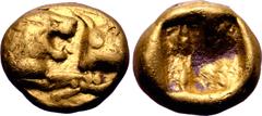 Greek Kingdom of Lydia, Kroisos AV 1/12 Stater. Light standard. Sardes, 550-520 BC. Confronted foreparts of roaring lion to right, with extended foreleg, and bull to left / Incuse square. GRPC Lydia 5
